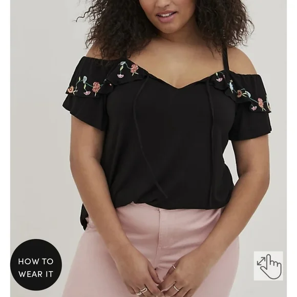 🆕️🌸OFF-SHOULDER EMBROIDERED FLORAL RUFFLE TOP 🌸 - Picture 1 of 6